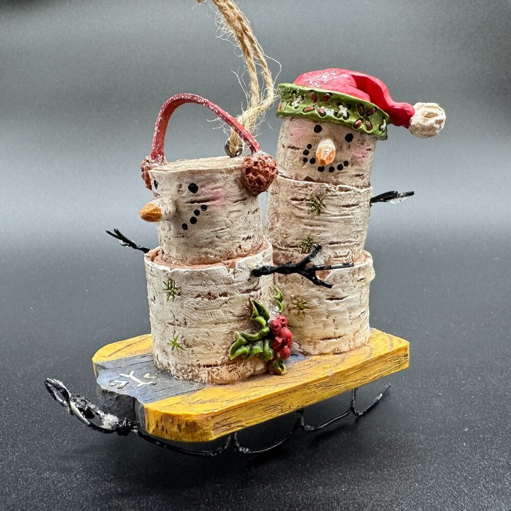 Christmas Tree Ornament Tree Trunks Snowmen on Sleigh